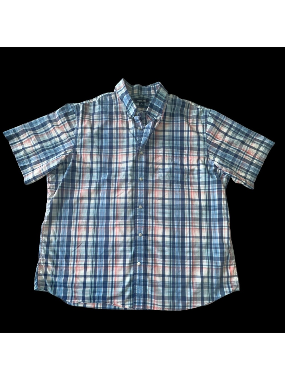 Lands’ End Men’s XL Plaid Button Down Shirt Blue Pink Short Sleeve Reg. FitThe